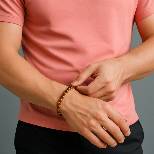 man wearing tiger's eye bracelet